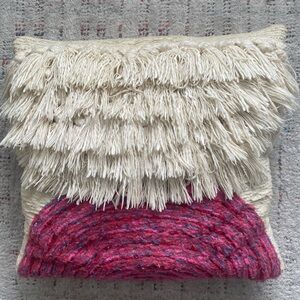 Anthropologie All Roads Boho knit pink and cream fringe throw pillow